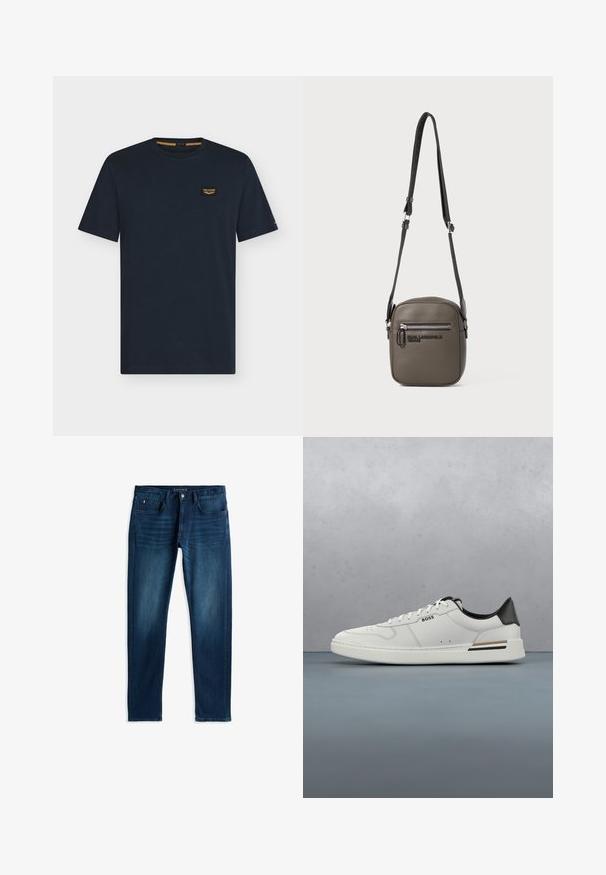Donkerblauw T-shirt met korte mouwen en ronde hals met een klein rechthoekig logoplaatje op de linkerborst.; Donkerblauwe spijkerbroek met een slim fit, vijf zakken, contraststiksels en een knoopsluiting aan de taille, met een subtiele vervaging.; Witte lage sneaker met zwarte hiel, vetersluiting, subtiele perforaties en het "BOSS" logo aan de zijkant, getoond vanuit het zijprofiel.; Vierkante olijfgroene schoudertas van faux leer, met een ritssluiting aan de voorkant en een logo-print, met een verstelbare band.