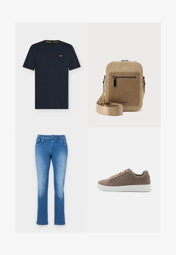 Donkerblauw T-shirt met korte mouwen en ronde hals met een klein rechthoekig logoplaatje op de linkerborst.; Blauwe denim jeans met een rechte pijp, uitgerust met vijf zakken, een ritssluiting en contrasterende stiksels. De stof heeft een gemiddelde wassing met vervaging.; Bruine suède sneakers met platte witte rubberen zolen, vetersluiting, ronde neus en een gladde textuur. Minimalistische stijl met subtiele stikdetails.; Kleine beige crossbodytas met een voorvak met ritssluiting, metalen ALDO-logo, verstelbare brede band en afgeronde rechthoekige vorm op een witte achtergrond.