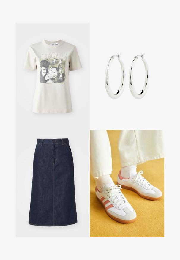 Beige Baumwoll-T-Shirt mit rundem Halsausschnitt. Verfügt über einen Grafikdruck mit Charakteren und Text aus "Buffy" in Schwarz- und Grautönen.; Dunkelblaue Jeansrock mit hoher Taille, geradem Schnitt, aufgesetzten Taschen und genähten Nähten. Mit einem Reißverschluss und einem Knopfverschluss an der Taille.; Weiße Sportschuhe mit pinken Akzenten, aus Wildleder und Leder, runde Zehenform und Gummisohle, dargestellt mit hellen Socken vor einem gelben Hintergrund.; Silberne Creolen mit einer glatten, glänzenden Oberfläche. Kreisform, ausgestattet mit einem sicheren Verschluss. Einfaches und elegantes Design.