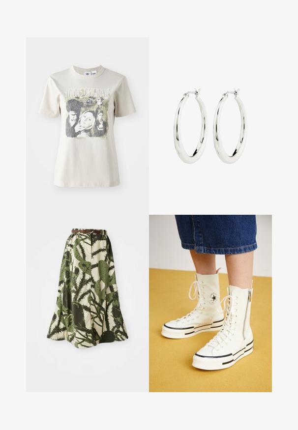 Beige bomulds t-shirt med rund hals. Har et grafisk print med karakterer og tekst fra "Buffy" i sort og grå nuancer.; Lang nederdel med kaktusprint i nuancer af grøn og creme, med en sammenpresset talje og et brunt bælte til lukning.; Hvide høj-top sneakers med lynlåslukning, snørresystem og sorte striber på en tyk sål. Tekstureret kanvasmateriale.; Sølvøreringe i form af hoops med en glat, blank finish. Cirkulær form, der har en sikker lås. Simpelt og elegant design.