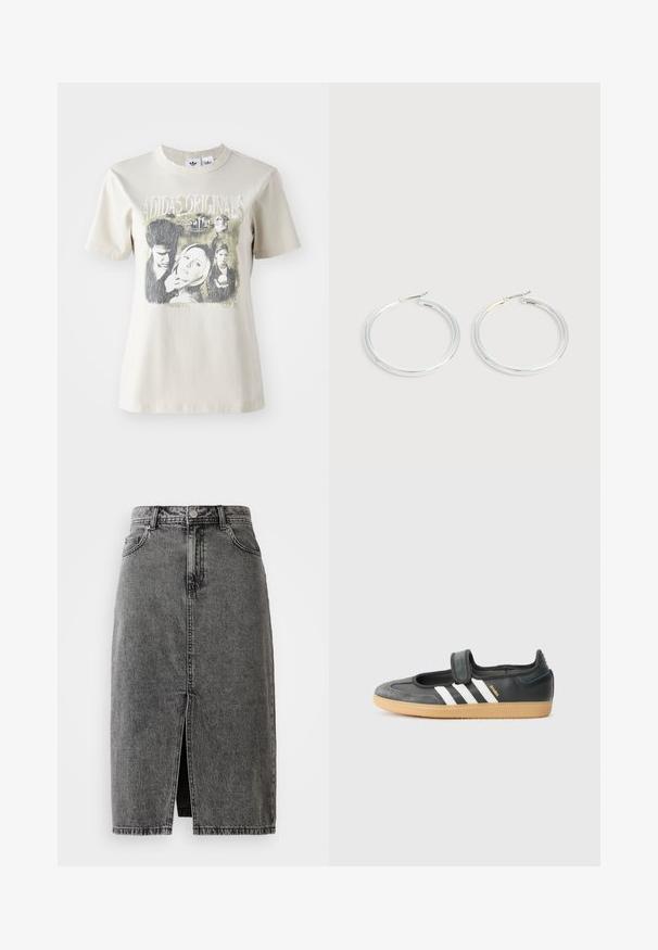 Beige katoenen t-shirt met een ronde hals. Voorzien van een grafische print met personages en tekst uit "Buffy", in zwart en grijstinten.; Hoge taille, vervaagde zwarte denim midi-jurk met een split aan de voorkant, riemlussen en een klassieke vijf-pocket ontwerp.; Zwarte leren en suède sneaker met een klittenbandsluiting, voorzien van drie witte strepen en een gumzool, met de naam "SAMBA" aan de zijkant.; Een paar glanzende zilveren oorringen met dunne draadafsluitingen, getoond op een lichtgrijze achtergrond.