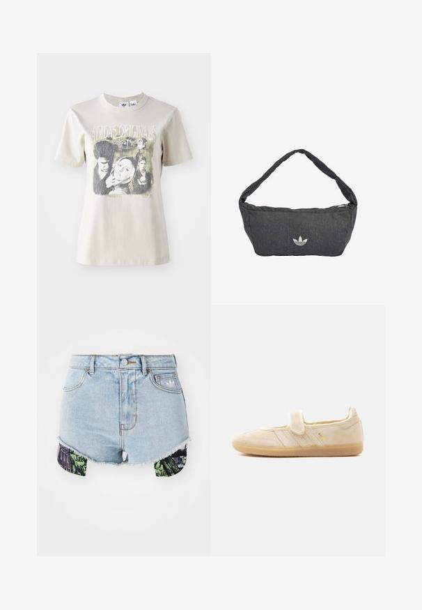 Beige bomulds t-shirt med rund hals. Har et grafisk print med karakterer og tekst fra "Buffy" i sort og grå nuancer.; Denimshorts i lyseblå farve med en frynset kant og farverigt mønstret stof på siderne, der viser urbane billeder og teksturer.; Beige ruskind Mary Jane sneaker med velcrolukning, gummisål, tre syede striber og gyldent "SAMBA" branding på siden.; Mørkegrå skuldertaske lavet af tekstureret stof med lynlåslukning og broderet logo foran. Lang, buet strop.