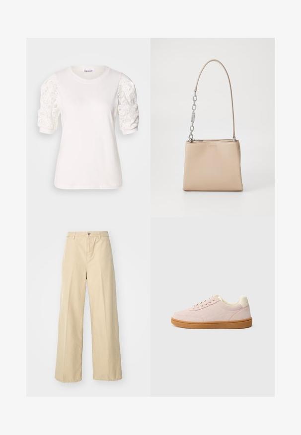 Camiseta blanca de manga corta y abullonada hecha de encaje. Cuello redondo, textura suave y un ajuste ligeramente holgado. Etiqueta de la marca visible en el interior.; Pantalones de pierna ancha beige confeccionados en algodón, con cierre frontal de botón, trabillas para cinturón y una tela texturizada.; Zapatillas deportivas de color rosa claro con superficie texturizada, detalles en blanco y suela de goma marrón. Presentan un diseño de perfil bajo y punta redonda.; Bolso de mano de piel beige con una textura suave, con un acento de cadena plateada en el asa y un cierre de cremallera. "HUGO" grabado en la parte frontal.