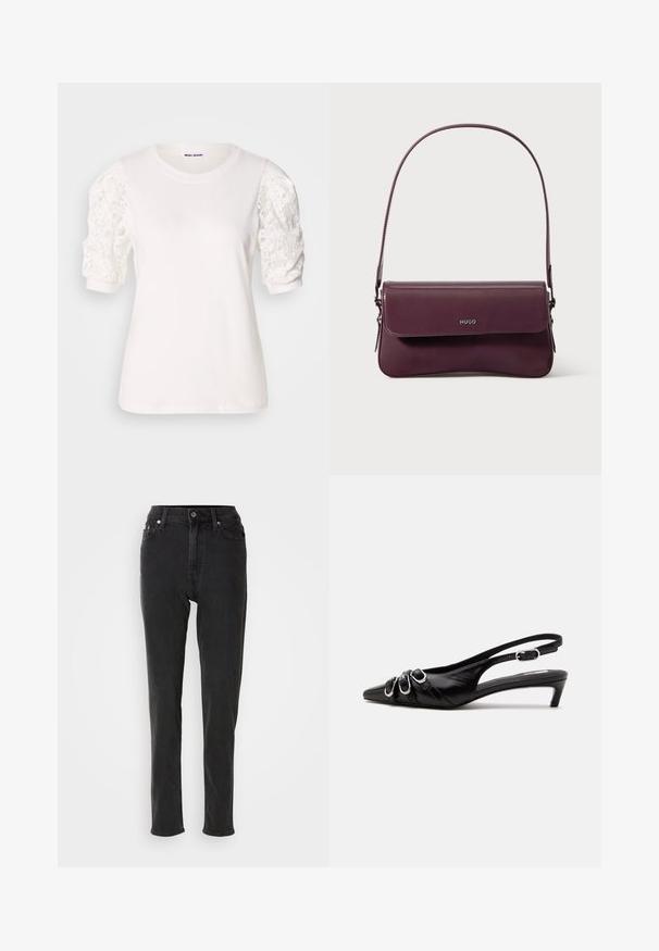 T-shirt blanc avec des manches courtes et bouffantes en dentelle. Encolure ronde, texture douce et coupe légèrement ample. Étiquette de marque visible à l'intérieur.; Jean en denim noir taille haute, coupe slim, équipé d'une fermeture à boutons, de passants pour ceinture et de surpiqûres contrastées. Texture lisse, sans motifs visibles.; Chaussure slingback en cuir noir avec bout pointu, trois boucles argentées à l'avant et petit talon kitten sur fond blanc.; Sac à main en cuir bordeaux au design structuré, avec une fermeture à rabat et une bandoulière ajustable. Détail du logo embossé sur le devant.
