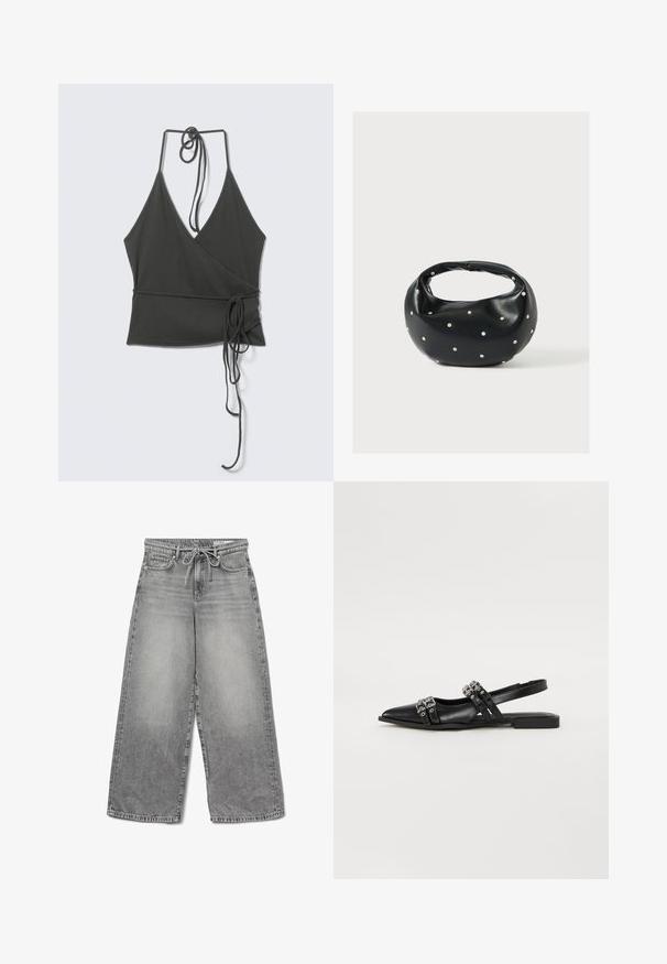 Haut cache-cœur sans manches gris foncé avec des fines bretelles nouées au cou et à la taille, liens en tissu tombant sur fond clair.; Jean en denim gris à jambes larges avec une finition délavée, taille à cordon de serrage et design classique à cinq poches, présentant des détails de couture visibles.; Even&Odd by Zalando Ballerines à brides arrière - black; Sac à main en cuir noir de forme arrondie, décoré de clous argentés et équipé d'une poignée courte. Texture lisse et fermeture éclair.