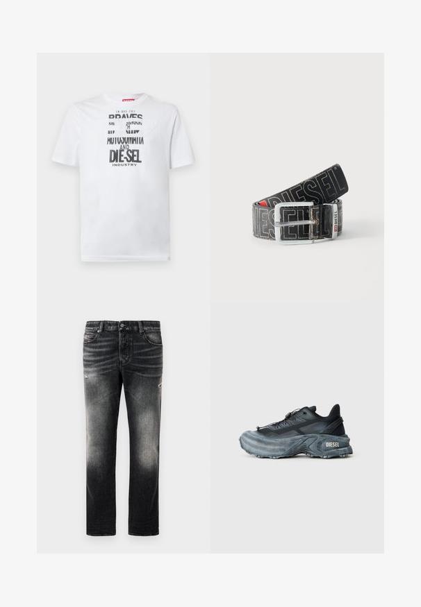 T-shirt en coton blanc avec une typographie noire audacieuse affichant les mots "BRAVES" et "DIE-SEL INDUSTRY" ainsi qu'un design découpé semi-transparent.; Jean noir avec une finition délavée et des accents usés, design standard à cinq poches, et fermeture éclair. Fabriqué en tissu denim.; Baskets Diesel noires et grises avec semelle épaisse, système de laçage à bascule et design texturé sur fond gris clair uni.; Ceinture noire Diesel avec grand texte logo blanc, boucle rectangulaire en argent, et détail de boucle métallique brandée, enroulée sur un fond clair.