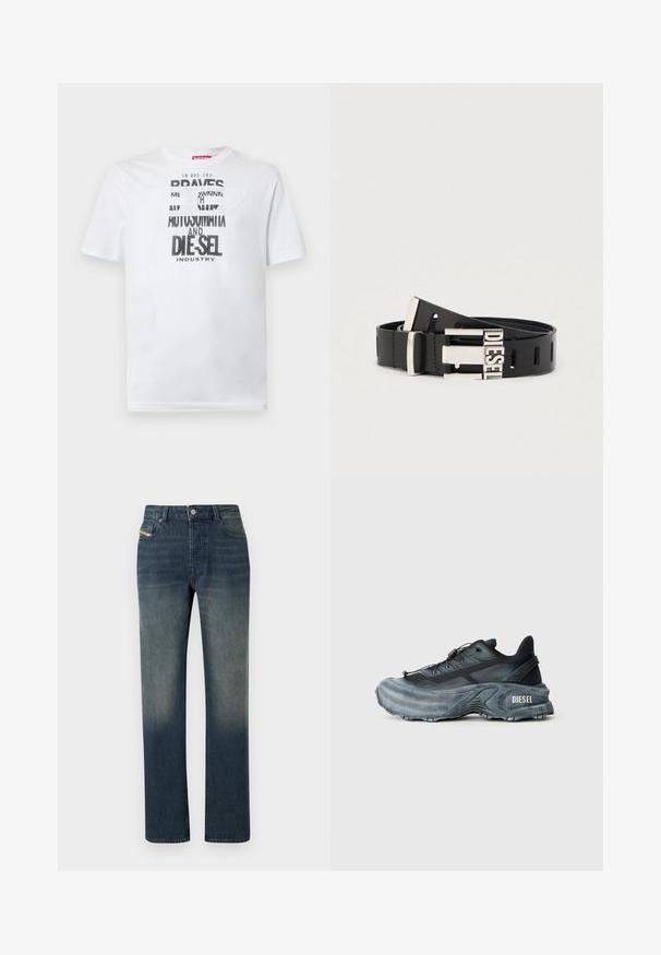 T-shirt en coton blanc avec une typographie noire audacieuse affichant les mots "BRAVES" et "DIE-SEL INDUSTRY" ainsi qu'un design découpé semi-transparent.; Jean en denim bleu à jambe droite avec lavage délavé, fermeture avant par bouton et fermeture éclair, et design à cinq poches.; Baskets Diesel noires et grises avec semelle épaisse, système de laçage à bascule et design texturé sur fond gris clair uni.; Ceinture en cuir noir avec boucle métallique argentée portant le mot "DIESEL." La ceinture comporte plusieurs trous d'ajustement tout au long de sa longueur.