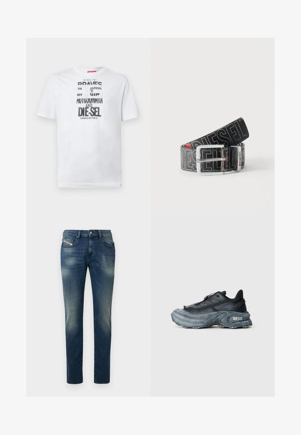 T-shirt en coton blanc avec une typographie noire audacieuse affichant les mots "BRAVES" et "DIE-SEL INDUSTRY" ainsi qu'un design découpé semi-transparent.; Jean en denim bleu foncé avec un effet délavé, coupe droite et genou légèrement usé. Comprend des poches avant et une fermeture par bouton en métal.; Baskets Diesel noires et grises avec semelle épaisse, système de laçage à bascule et design texturé sur fond gris clair uni.; Ceinture noire Diesel avec grand texte logo blanc, boucle rectangulaire en argent, et détail de boucle métallique brandée, enroulée sur un fond clair.