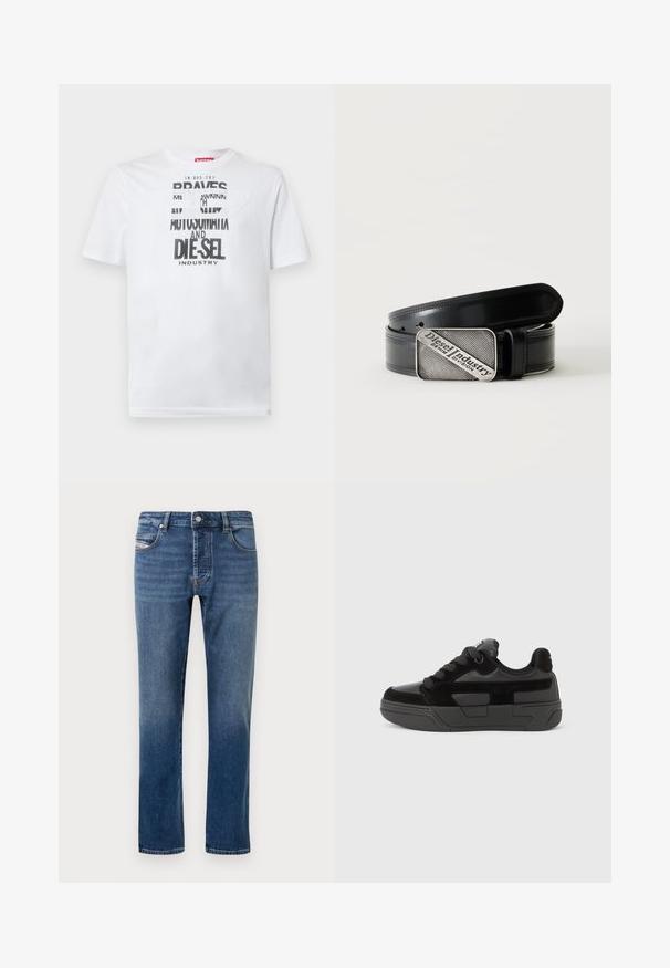 T-shirt en coton blanc avec une typographie noire audacieuse affichant les mots "BRAVES" et "DIE-SEL INDUSTRY" ainsi qu'un design découpé semi-transparent.; Jean denim bleu foncé avec une coupe droite, cinq poches et une fermeture à boutons. Présente un léger délavage et des accents de couture.; Baskets noires en mélange de matériaux lisses et texturés, dotées d'un bout rond, d'une semelle épaisse et d'une fermeture à lacets. Design minimaliste avec des accents.; Ceinture en cuir noir avec une boucle rectangulaire argentée portant le texte gravé "Diesel Industry Denim Division" sur un fond clair à rayures.