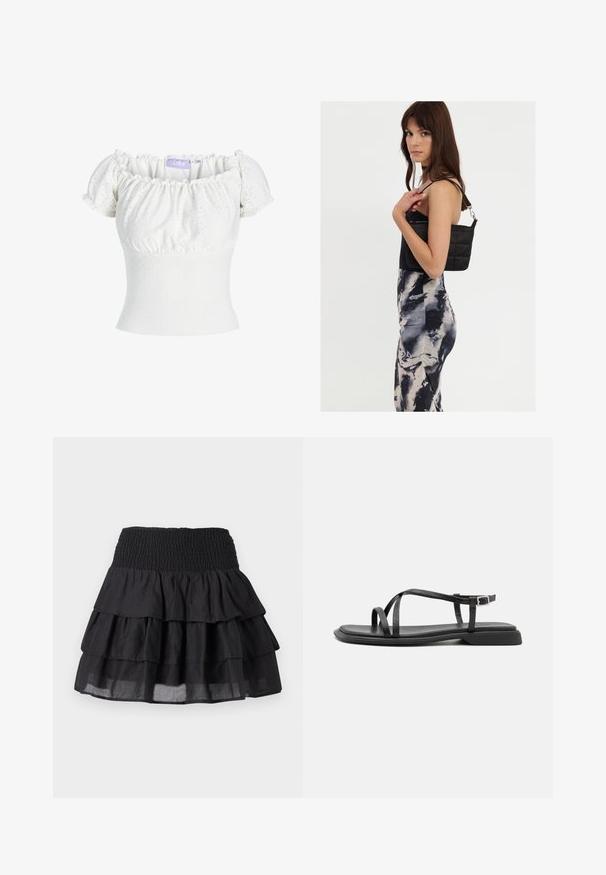 Hvid off-the-shoulder top med korte puf ærmer, prydet med tekstureret stof med hulmønstre og en tætsiddende bodice. Mærkets label er synlig.; Sort lagkagedræk med en smocket talje. Har tre lag af flæser og et let stof for en svævne udseende.; Sorte flade sandaler med tynde justerbare stropper, rektangulær tåpost og en struktureret mat finish. Har en lav, let firkantet hæl.; Sort quiltet skuldertaske med en enkelt rem og sølvhardware, parret med en tætsiddende kjole med tie-dye mønster i nuancer af sort og creme.