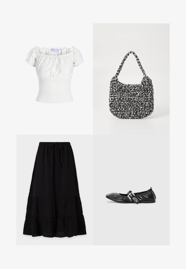 Hvid off-the-shoulder top med korte puf ærmer, prydet med tekstureret stof med hulmønstre og en tætsiddende bodice. Mærkets label er synlig.; Sort ankellang nederdel med løstsiddende pasform, elastisk linning med snøre og lagdelt flæsedesign, vist på ensfarvet baggrund.; Sorte læder flade sko med spids tå, samling detaljer omkring åbningen, og en sølv spænde accent på den justerbare rem.; Vævet håndtaske i sort og hvid med en rund form, tekstureret overflade og et fletet håndtag. Velegnet til afslappet brug.