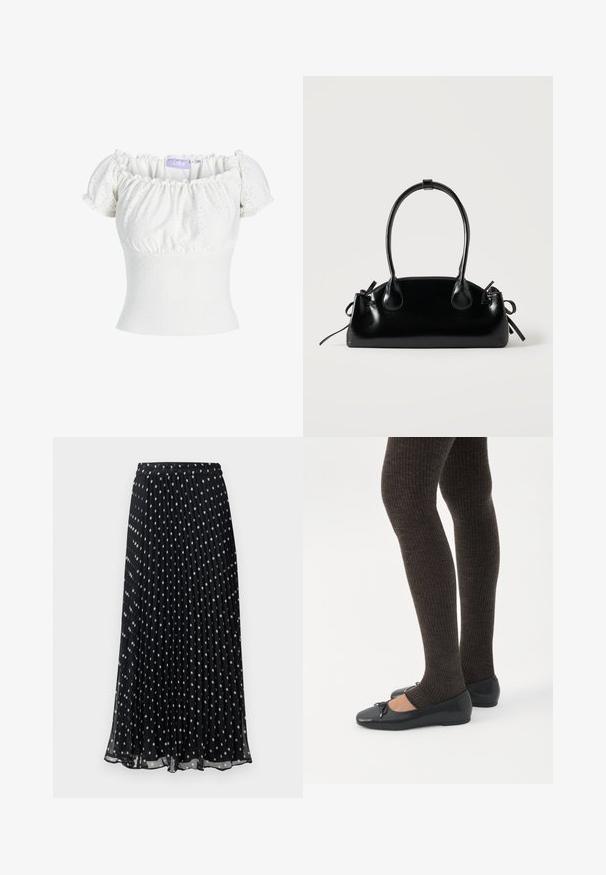 Hvid off-the-shoulder top med korte puf ærmer, prydet med tekstureret stof med hulmønstre og en tætsiddende bodice. Mærkets label er synlig.; Sort plisseret nederdel med hvide polkaprikker, har elastik i taljen og et flydende design, lavet af letvægtsstof.; Ben iført mørke ribbede leggings kombineret med sorte balletsko med små sløjfedetaljer på hvid baggrund.; Lille sort blank håndtaske med to lange håndtag og snøre-detaljer i siden på en ensfarvet lys baggrund.