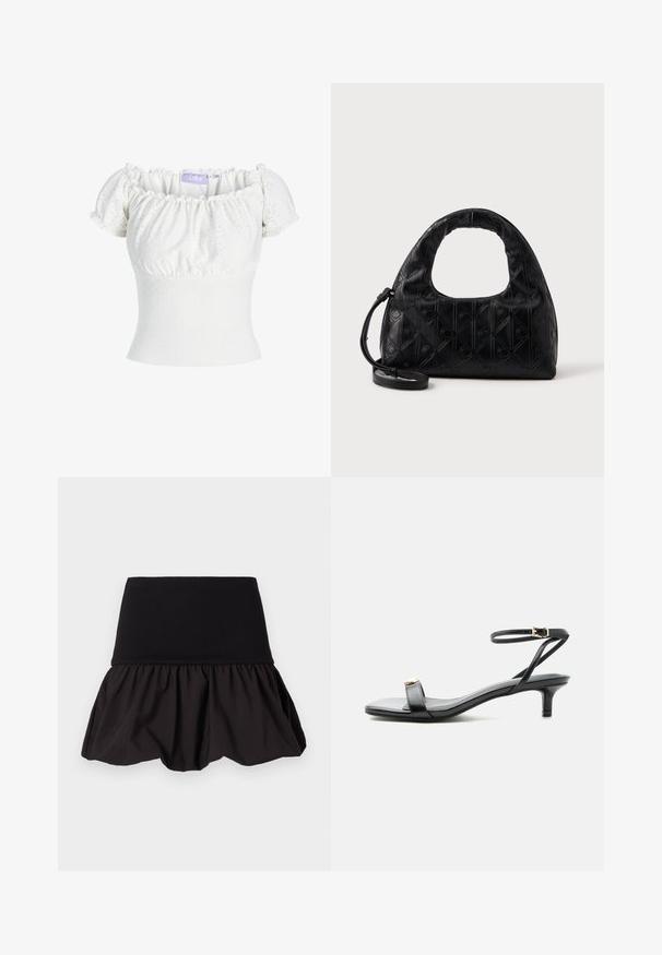 Hvid off-the-shoulder top med korte puf ærmer, prydet med tekstureret stof med hulmønstre og en tætsiddende bodice. Mærkets label er synlig.; Sort flagrende nederdel med ribbet talje og samlede detaljer i kanten, lavet af letvægtsstof for komfort og bevægelse.; Sort læder sandal med åben tå, lav lillehæl, tynd ankelrem med guldlås og dekorativt gyldent accent på frontremmen.; Sort læderhåndtaske med et buet topgreb, subtil diamantmønster og en aftagelig rem. Teksturen er glat med prægede detaljer.