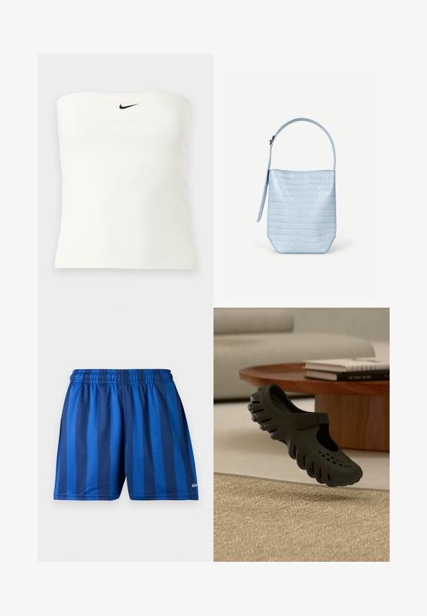 Λευκό λευκό Nike τοπ χωρίς τιράντες με μαύρο λογότυπο Swoosh στο κέντρο κοντά στην πάνω άκρη, εμφανίζεται σε απλό ανοιχτό φόντο.; Μπλε αθλητικό σορτς με σκουρόχρωμες και ανοιχτόχρωμες κάθετες ρίγες και ελαστική μέση από διαπνέον πλέγμα ύφασμα.; Μαύρο clog Crocs με τρύπες αερισμού και λουράκι να αιωρείται πάνω από μπεζ υφαντό χαλί, ξύλινο τραπεζάκι καφέ με βιβλία και μπεζ καναπέ στο φόντο.; Τσάντα ώμου γαλάζιου χρώματος με υφή κροκόδειλου, ορθογώνιο σχήμα, μία λαβή στο πάνω μέρος και λουρί που κρέμεται στο πλάι, σε απλό λευκό φόντο.