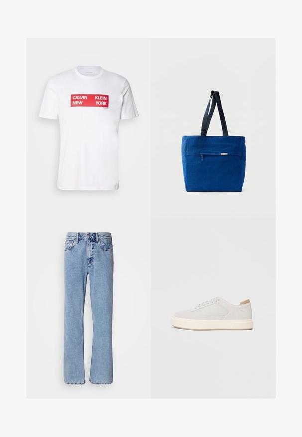 Camiseta de algodón blanca con un audaz texto gráfico rectangular rojo: "CALVIN NEW KLEIN YORK." Con mangas cortas y un diseño de cuello redondo.; Jeans de mezclilla azul claro con un diseño de pierna recta, cinco bolsillos y cierre de botón. Detalles de costura cerca de los bolsillos y la cintura.; Zapatillas gris claro con parte superior sintética lisa, puntera redonda y una suela intermedia texturizada en color crema. Detalles en color beige claro en el talón.; Bolsa de lona azul con un bolsillo frontal con cremallera, correas dobles para el hombro y forma rectangular. Cuenta con una etiqueta de marca sutil.
