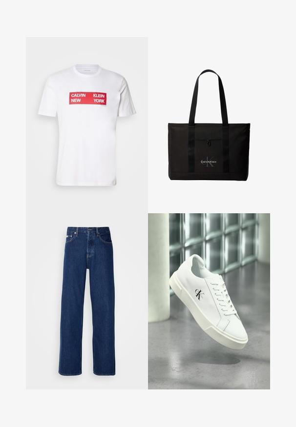 Camiseta de algodón blanca con un audaz texto gráfico rectangular rojo: "CALVIN NEW KLEIN YORK." Con mangas cortas y un diseño de cuello redondo.; Vaqueros de mezclilla azul oscuro con un diseño de pierna ancha, que presentan un cierre de botón y el clásico estilo de cinco bolsillos. La tela tiene una textura suave.; Zapatilla blanca Calvin Klein con cordones, mostrada flotando sobre un suelo de cemento pulido y un fondo de pared de bloques de vidrio.; Bolso tote negro de Calvin Klein con dos asas largas y bolsillo delantero, con el logo de la marca en blanco y gris.