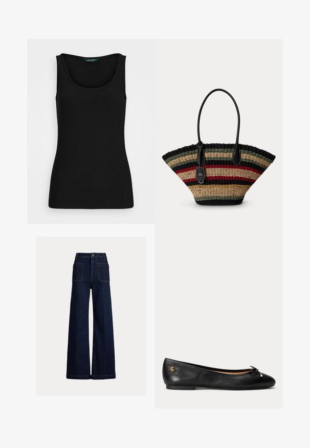 Top de tirantes negro con canalé, cuello redondo, forma ajustada y bordes sin costuras. La tela es suave y elástica. La etiqueta dice "LAUREN."; Pantalones vaqueros de pierna ancha azul oscuro con bolsillos delanteros de parche, presillas para cinturón y cierre de botones sobre un fondo claro y liso.; Bailarina de piel negra con pequeño lazo y detalle de logo dorado en el talón, suela plana y punta redondeada.; Bolsa tote tejida con rayas horizontales en negro, verde, rojo, beige y mostaza, y asas de cuero negro con una pequeña etiqueta adjunta.