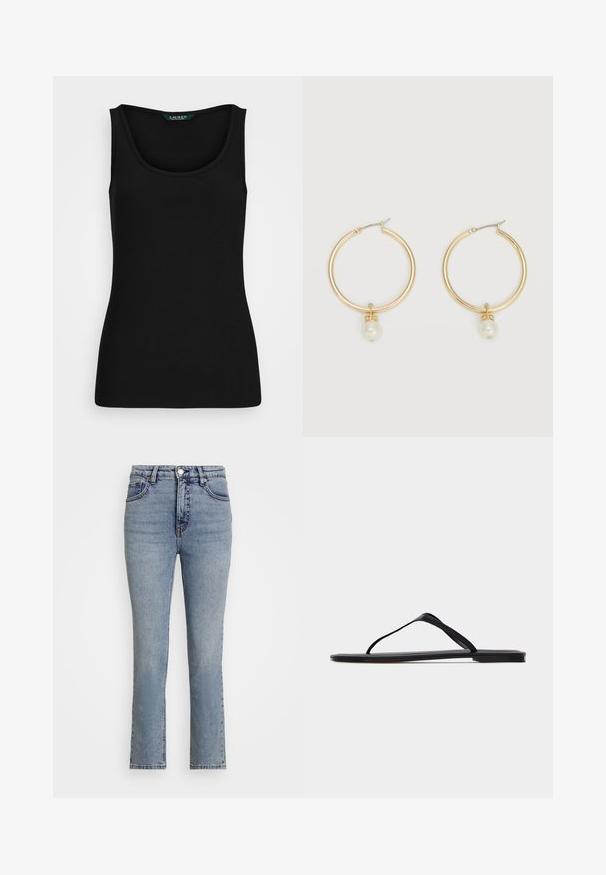 Zwart geribbeld tanktop met een ronde halslijn, aansluitende vorm en naadloze randen. Stof is zacht en rekbaar. Etiket zegt "LAUREN."; Lichtblauwe denim jeans met een hoge taille, rechte pijpen en subtiele vervaging. Bevat een metalen knoop en contrasterende stiksels.; Zwarte platte slipper met dunne bandjes en een minimalistisch ontwerp, van opzij getoond tegen een effen lichte achtergrond.; Gouden oorringen in de vorm van een ring, elk met een enkele hangende witte parel en een klein detail van strasssteentjes op een lichte achtergrond.