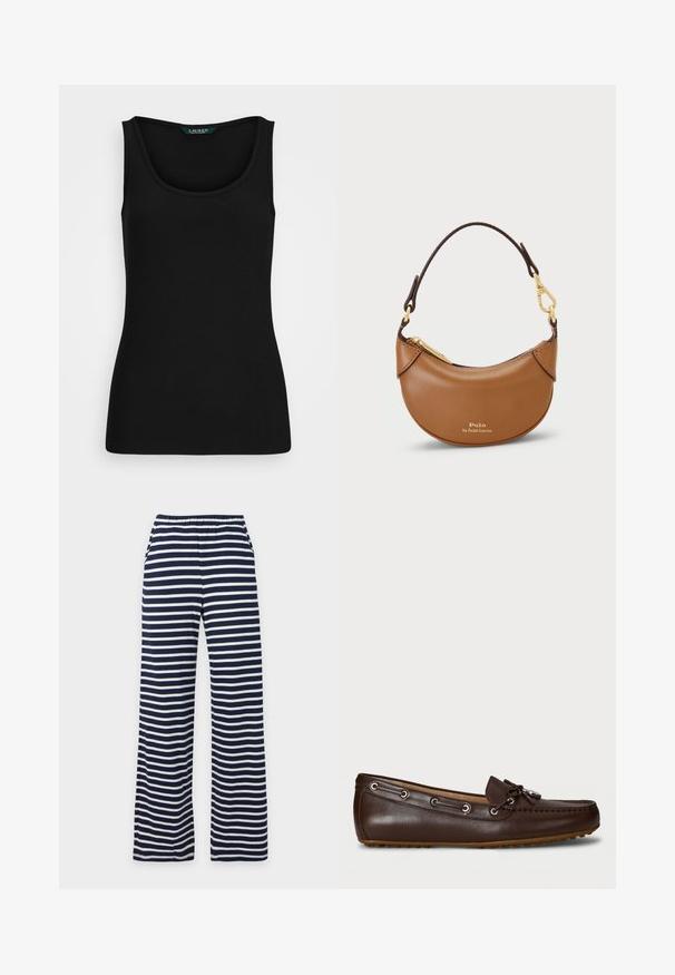 Top de tirantes negro con canalé, cuello redondo, forma ajustada y bordes sin costuras. La tela es suave y elástica. La etiqueta dice "LAUREN."; Pantalón de pernera ancha con rayas horizontales en azul marino y blanco, cintura elástica y bolsillos laterales, mostrado de frente.; Zapato de barco de cuero marrón con punta redondeada, detalles de costura y un lazo decorativo. Presenta ojales de metal y una suela de goma para mayor agarre.; Bolso de mano de cuero marrón con un diseño curvado, herrajes dorados y una correa corta. Presenta un cierre de cremallera y un logo de la marca en relieve.