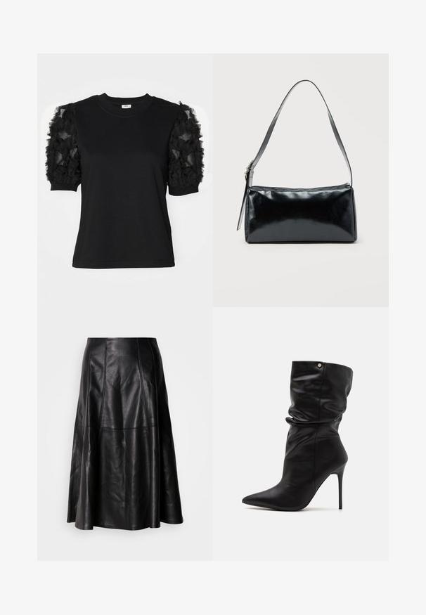Camiseta negra de manga corta hecha de tela de tul negro con volantes, cuello redondo y silueta ajustada.; Falda de cuero negro con una silueta acampanada, que presenta costuras visibles y una textura suave. Diseño de longitud media con un corte clásico.; Even&Odd Wide Fit by Zalando Botines de tacón - black; Bolso de hombro rectangular negro con una correa ajustable y un cierre de cremallera superior sobre un fondo liso.