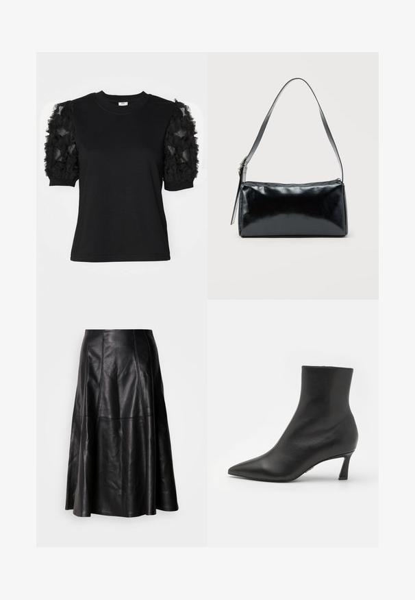 Camiseta negra de manga corta hecha de tela de tul negro con volantes, cuello redondo y silueta ajustada.; Falda de cuero negro con una silueta acampanada, que presenta costuras visibles y una textura suave. Diseño de longitud media con un corte clásico.; Steve Madden LULAH - Botines bajos - black; Bolso de hombro rectangular negro con una correa ajustable y un cierre de cremallera superior sobre un fondo liso.