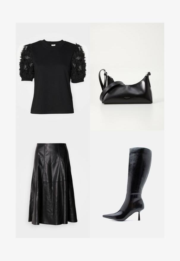 Camiseta negra de manga corta hecha de tela de tul negro con volantes, cuello redondo y silueta ajustada.; Falda de cuero negro con una silueta acampanada, que presenta costuras visibles y una textura suave. Diseño de longitud media con un corte clásico.; Botas de tacón alto negras hasta la rodilla con un acabado de cuero brillante, punta afilada y tacón delgado y cónico, que presentan una superficie lisa y un diseño elegante.; Bolso de mano de cuero negro con una textura suave. Cuenta con una correa ajustable y un diseño elegante y minimalista con cierre de cremallera.