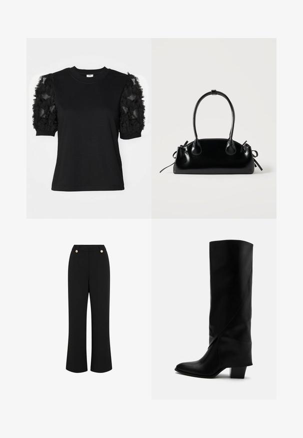 Camiseta negra de manga corta hecha de tela de tul negro con volantes, cuello redondo y silueta ajustada.; Pantalones de pierna ancha negros con textura suave, que presentan una cintura alta, dos botones en tono dorado y un diseño ajustado. Sin bolsillos visibles.; Bota alta de cuero negro con costuras anguladas, puntera puntiaguda y tacón grueso de altura media sobre fondo blanco.; Pequeño bolso negro brillante con dos asas largas y detalles de cordón lateral sobre un fondo claro liso.