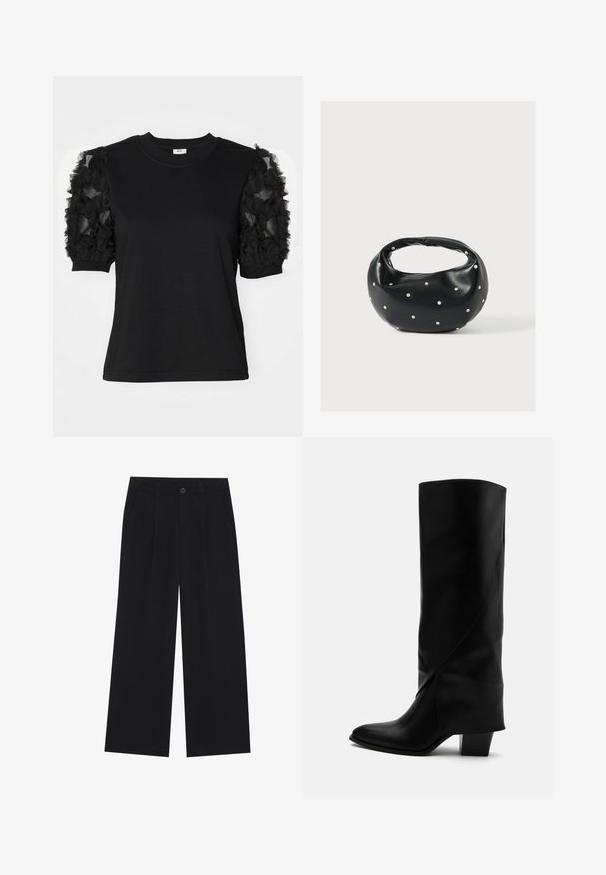 Camiseta negra de manga corta hecha de tela de tul negro con volantes, cuello redondo y silueta ajustada.; Pantalones de pierna ancha negros confeccionados en una tela suave. Presentan pliegues delanteros, un cierre de botón y bolsillos laterales. Diseño liso sin patrones.; Bota alta de cuero negro con costuras anguladas, puntera puntiaguda y tacón grueso de altura media sobre fondo blanco.; Bolso de mano de cuero negro con forma redondeada, decorado con detalles de tachuelas plateadas y un asa corta. Textura lisa y cierre con cremallera.