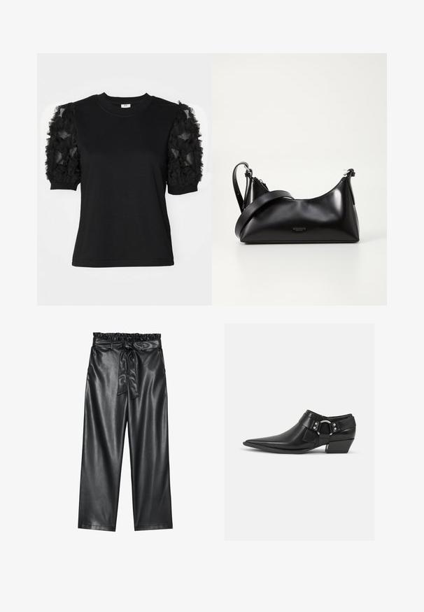 Camiseta negra de manga corta hecha de tela de tul negro con volantes, cuello redondo y silueta ajustada.; Pantalones de imitación de cuero negros de pierna ancha con una cintura elástica con volantes y un cinturón de lazo desmontable. Textura suave y brillo minimal.; Botas de cuero negras hasta el tobillo con puntera puntiaguda, que presentan una correa de cuero en la parte delantera y un detalle de hebilla plateada, además de un tacón bajo y cuadrado.; Bolso de mano de cuero negro con una textura suave. Cuenta con una correa ajustable y un diseño elegante y minimalista con cierre de cremallera.