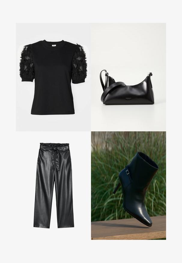 Camiseta negra de manga corta hecha de tela de tul negro con volantes, cuello redondo y silueta ajustada.; Pantalones de imitación de cuero negros de pierna ancha con una cintura elástica con volantes y un cinturón de lazo desmontable. Textura suave y brillo minimal.; Bota de cuero negro hasta el tobillo con puntera puntiaguda, tacón apilado, textura brillante y una correa decorativa con un detalle de hebilla plateada.; Bolso de mano de cuero negro con una textura suave. Cuenta con una correa ajustable y un diseño elegante y minimalista con cierre de cremallera.