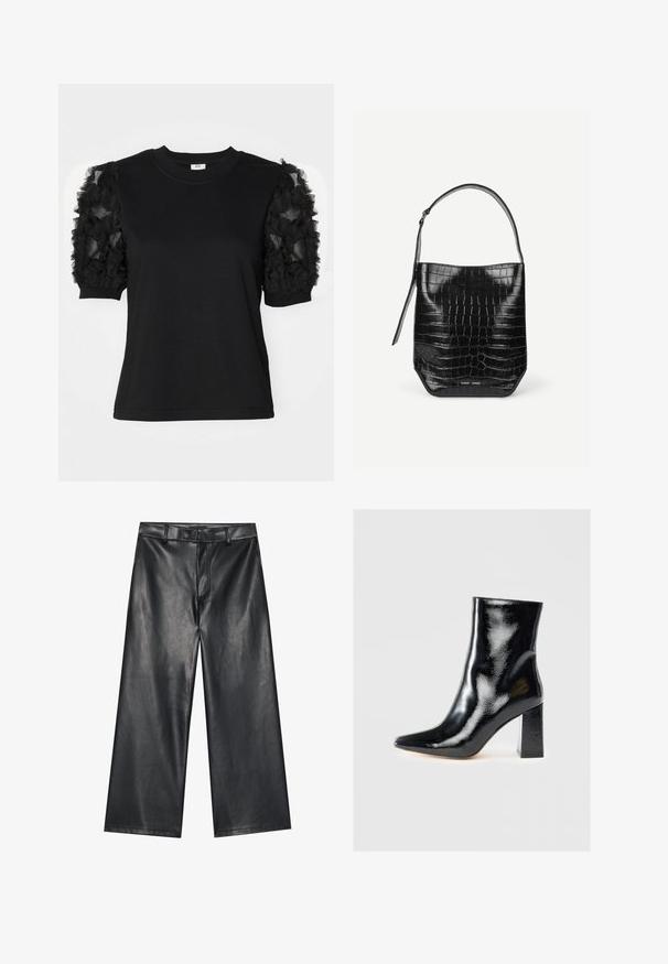 Camiseta negra de manga corta hecha de tela de tul negro con volantes, cuello redondo y silueta ajustada.; Pantalones de cuero negro de pernera ancha con una textura suave, lazos para cinturón y cremallera frontal. Presenta un ajuste holgado y detalles de costura limpios.; Botín negro de tobillo hecho de charol brillante, con punta afilada y tacón cuadrado grueso. Textura suave con un acabado de alto brillo.; Bolso tipo saco de piel negra con relieve de cocodrilo, con una sola correa para el hombro y un pequeño logo de la marca en plata en el centro inferior frontal.