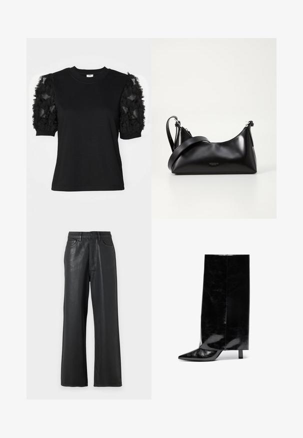 Camiseta negra de manga corta hecha de tela de tul negro con volantes, cuello redondo y silueta ajustada.; Pantalones de pierna ancha negros fabricados con un material brillante. Cuentan con un cierre de botón, pasadores para cinturón y bolsillos frontales con una textura suave.; Botín de cuero negro hasta el tobillo con punta afilada y tacón cuadrado, que presenta un caña alta y brillante y un acabado texturizado en la parte inferior.; Bolso de mano de cuero negro con una textura suave. Cuenta con una correa ajustable y un diseño elegante y minimalista con cierre de cremallera.