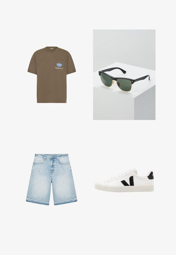 T-shirt en coton marron avec une poche poitrine ornée d'un texte brodé en bleu et blanc "SoulScape Out of office since '99". Coupe classique, manches courtes.; Short en denim bleu clair avec taille haute, bouton devant, fermeture éclair, poches devant et derrière, et ourlets effilochés.; Sneaker blanche en cuir avec des accents en daim noir ; dispose d'une semelle en caoutchouc, d'un bout rond et d'un design classique à lacets. Logo latéral en noir.; Lunettes de soleil Ray-Ban avec des verres verts, monture en plastique noir et accents dorés sur les bords. Forme carrée avec une finition mate.