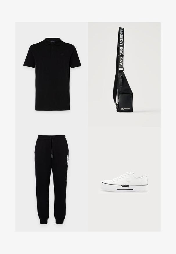 Sort polo t-shirt med korte ærmer, lavet af glat stof. Har en klassisk krave og lukning med tre knapper, samt et diskret logo på brystet.; Sorte sweatpants lavet af blødt stof, med en elastisk talje og snøre, tapered ben og et logo langs siden.; Hvid lavtop sneaker med tyk sål, snørefront, sort stribedetalje og Karl Lagerfeld-logo på siden og hæltappen.; Sort crossbody taske med lynlåslomme foran og justerbar rem med teksten "KARL LAGERFELD JEANS" i hvide bogstaver.