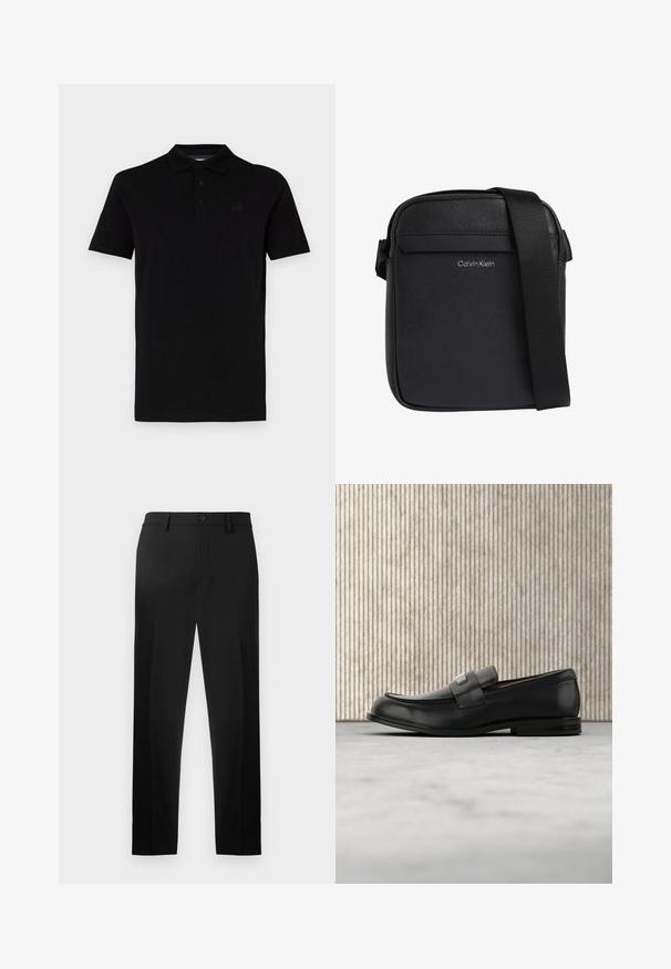 Polo-shirt noir à manches courtes, fabriqué dans un tissu lisse. Doté d'un col classique et d'une patte de boutonnage à trois boutons, avec un logo discret sur la poitrine.; Pantalons noirs en tissu lisse, avec une coupe droite, des plis avant et une fermeture à bouton à la taille.; Mocassin en cuir noir avec une plaque de marque en métal reposant près d'une table ronde marron sur un sol recouvert de moquette beige.; Sac bandoulière noir Calvin Klein avec surface texturée et bandoulière réglable.