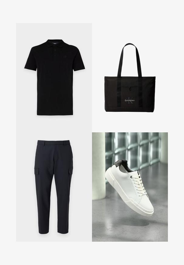 Sort polo t-shirt med korte ærmer, lavet af glat stof. Har en klassisk krave og lukning med tre knapper, samt et diskret logo på brystet.; Mørk navy cargo bukser med lige ben, to sidelommer og et fladt frontdesign. Fremstillet af et letvægtsstof.; Hvid lav tå-sneaker med sort struktureret hælfane, hvide snørebånd og tyk sål på en poleret betongulv nær glasblokke.; Sort Calvin Klein tote taske med to lange håndtag og lomme foran, med mærkets logo i hvid og grå.
