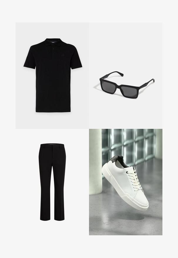 Sort polo t-shirt med korte ærmer, lavet af glat stof. Har en klassisk krave og lukning med tre knapper, samt et diskret logo på brystet.; Sorte skræddersyede bukser lavet af glat stof, med en lige ben-design, bælte løkker og front-lommer for ekstra funktionalitet.; Hvid lav tå-sneaker med sort struktureret hælfane, hvide snørebånd og tyk sål på en poleret betongulv nær glasblokke.; Sorte solbriller med rektangulære linser, mat finish, tykke stel og slanke arme med en subtil brandingdetalje.