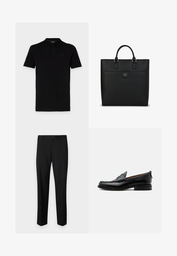 Polo-shirt noir à manches courtes, fabriqué dans un tissu lisse. Doté d'un col classique et d'une patte de boutonnage à trois boutons, avec un logo discret sur la poitrine.; Pantalons noirs ajustés avec une coupe plate, taille standard et jambes droites. Fabriqués en tissu lisse, dotés d'une fermeture à un bouton.; Mocassin homme en cuir noir avec couture moc toe, bride penny, col texturé et petit talon empilé sur fond blanc.; Sac fourre-tout en cuir noir avec une forme rectangulaire structurée, des poignées supérieures doubles, des accents argentés et une poche avant avec un logo.