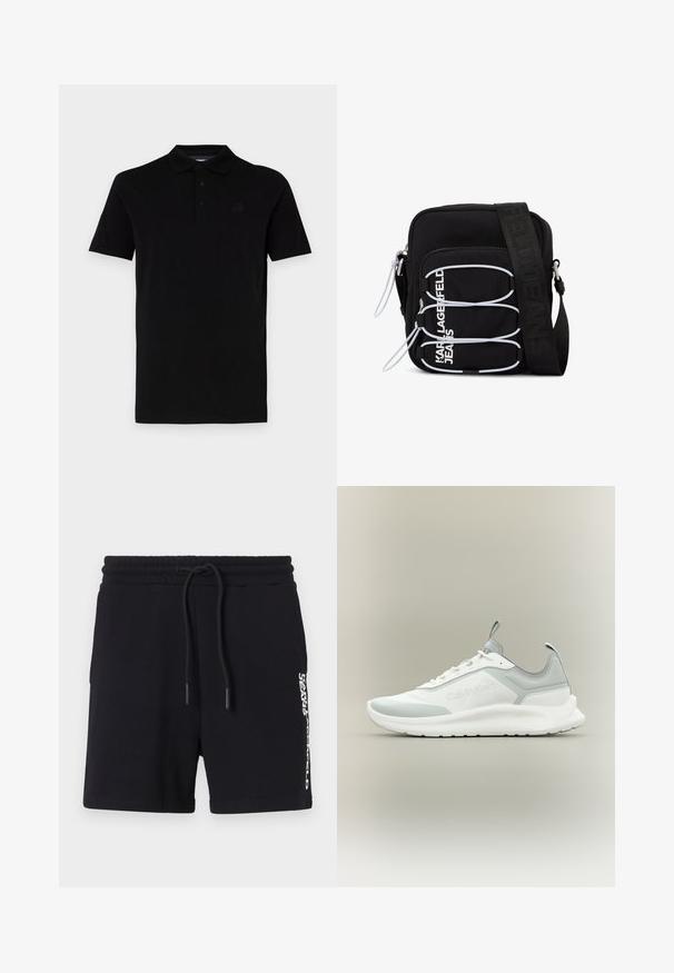 Sort polo t-shirt med korte ærmer, lavet af glat stof. Har en klassisk krave og lukning med tre knapper, samt et diskret logo på brystet.; Sorte bomulds shorts med snoretræk i taljen, prydet med et hvidt logo print på siden og en glat overflade. Klassisk design.; Hvid og lysegrå lav-ankel Calvin Klein sneaker med snørebånd, trækflige på tunge og hæl, og en tyk struktureret sål.; Sort skuldertaske med hvide elastiske løkker, lynlåstræk og hvid "KARL LAGERFELD JEANS" tekst på frontlommen.