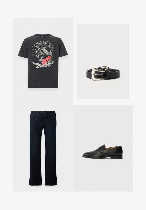 Μαύρο T-shirt με λιοντάρι πάνθηρα που βρυχάται, κόκκινα λουλούδια και στυλιζαρισμένο κείμενο "KOOPLES" πάνω και "WILD TOUR" κάτω από το γραφικό.; Σκούρο μπλε τζιν με ίσια γραμμή, με μπροστινό κούμπωμα με κουμπί και φερμουάρ, μπροστινές και πίσω τσέπες, παρουσιάζεται απλωμένο σε ανοιχτό φόντο.; Μαύρη δερμάτινη λοφά, με στρογγυλή μύτη, διακριτές ραφές και χαμηλό τακούνι, διαθέτοντας λεία υφή και μινιμαλιστικό σχέδιο.; Μαύρη δερμάτινη ζώνη με μια μεγάλη ασημένια αγκράφα δυτικού στιλ, τυλιγμένη σε ουδέτερο φόντο.