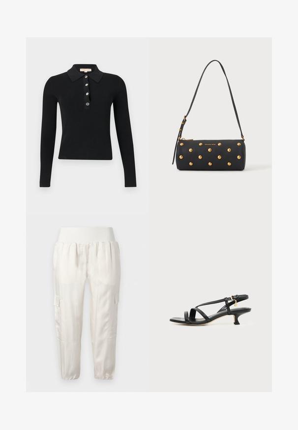 Polo noir à manches longues côtelé avec cinq boutons sur le devant et un col plié, présenté sur un fond blanc.; Pantalon cargo blanc à taille élastique avec poches à rabat latérales et poignets élastiques, présenté sur un fond uni.; Sandale noire en cuir à brides fines, talon bas kitten, boucle à la cheville et petit pendentif doré sur fond clair uni.; Sac à main cylindrique noir avec des clous dorés et une bandoulière réglable, avec le logo "Michael Kors" en doré sur le devant.