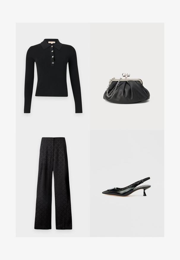 Polo noir à manches longues côtelé avec cinq boutons sur le devant et un col plié, présenté sur un fond blanc.; Pantalon large noir avec un motif ton sur ton subtil. Confectionné dans un tissu lisse avec une ceinture structurée et une coupe longue jusqu'aux pieds.; Escarpins à talons slingback en cuir verni noir avec bout pointu, surface texturée et petit talon. Intérieur avec une doublure à motifs et texte.; Porte-monnaie en cuir noir avec texture froncée, cadre en métal argenté, fermeture à verrouillage kiss-lock et bandoulière en chaîne. Surface lisse et douce.