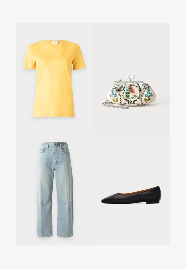 Gelbes Kurzarm-V-Ausschnitt-T-Shirt aus leichtem, leicht strukturiertem Stoff. Zeichnet sich durch eine lässige Passform und einen genähten Saum aus.; Helle blaue weit geschnittene Jeans aus Denim. Mit hoher Taille, zwei Vorderitaschen und geradem Bein, das leicht ausgewaschen ist.; Schwarzer flacher Schuh aus Leder mit spitz zulaufender Vorderkappe, niedrigem Absatz und glatter Oberfläche, von der Seite vor einem hellgrauen Hintergrund dargestellt.; Kleine Stoffklammerbörse mit floraler Perlenstickerei, Metallrahmen und silberner Kettenschlaufe auf einfarbig hellem Hintergrund.