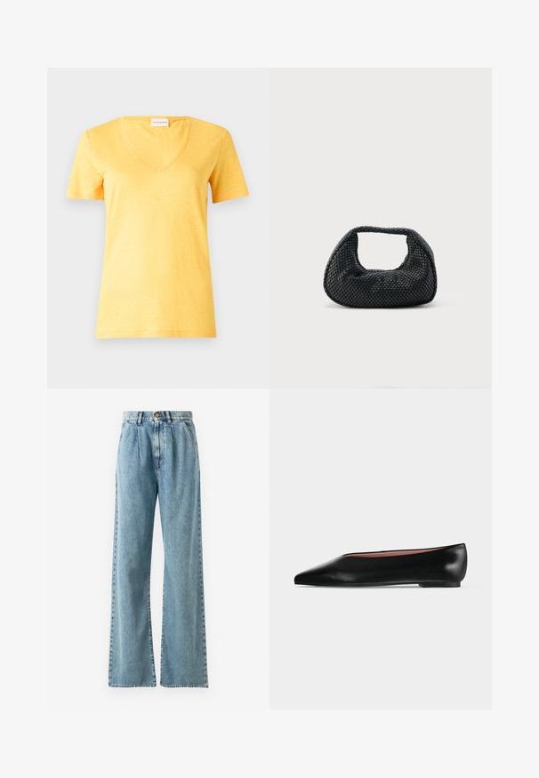 Gelbes Kurzarm-V-Ausschnitt-T-Shirt aus leichtem, leicht strukturiertem Stoff. Zeichnet sich durch eine lässige Passform und einen genähten Saum aus.; Helle blaue hochgeschnittene weite Jeans aus Denim, mit Knopfverschluss, ausgeprägten Falten und genähten Taschen.; Schwarzer flacher Damenleder-Schuh mit spitzer Kappe und niedrigem Absatz, von der Seite auf einfarbigem hellgrauem Hintergrund gezeigt.; Schwarze gewebte Hobo-Tasche mit weicher Struktur und integriertem Griff, dargestellt vor einem schlichten hellen Hintergrund.