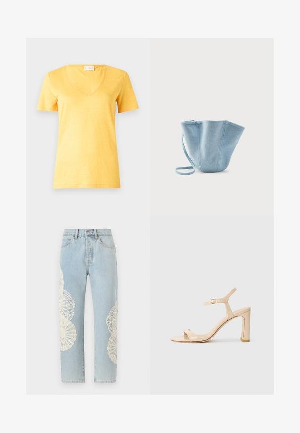 Gelbes Kurzarm-V-Ausschnitt-T-Shirt aus leichtem, leicht strukturiertem Stoff. Zeichnet sich durch eine lässige Passform und einen genähten Saum aus.; FRAME THE VERTICAL - Jeans Straight Leg - wisp; Beige High-Heel-Sandale mit Knöchelriemen und goldener Schnalle, offene Zehen und Blockabsatz auf weißem Hintergrund.; Hellblauer Stoff-Beuteltasche mit langem Riemen, weiter oberer Öffnung und genähten vertikalen Nähten, vor einem schlichten weißen Hintergrund abgebildet.