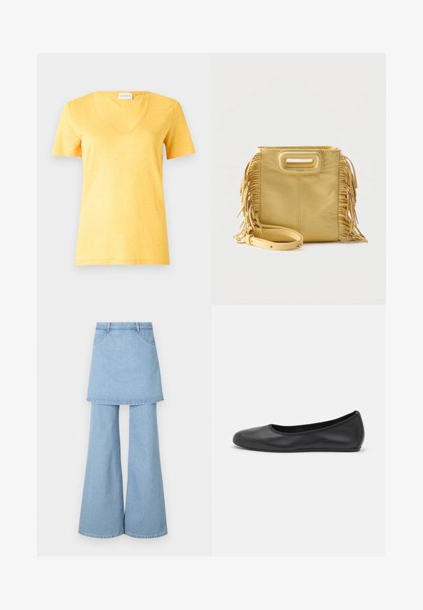 Gelbes Kurzarm-V-Ausschnitt-T-Shirt aus leichtem, leicht strukturiertem Stoff. Zeichnet sich durch eine lässige Passform und einen genähten Saum aus.; Hybrid aus Jeansrock und Hose, aus hellblauem Stoff mit ausgestellten Beinen und sichtbaren Steppnähten. Mit vorderen Taschen und einem Bund gestaltet.; Schwarze Leder-Ballettschuhe mit abgerundeter Spitze, glatter Textur, minimalen Nähdetails und einem flexiblen Sohlen-Design.; Gelbe Lederhandtasche mit Fransen an den Seiten, rechteckigem Griffausschnitt und abnehmbarem Schulterriemen, vorne platziert.