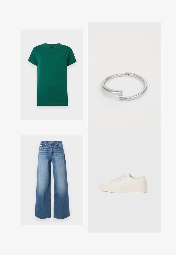 T-shirt vert manches courtes col rond avec petit logo "BOSS" embossé sur la poitrine gauche et une étiquette noire à l'intérieur du col.; Jean en denim bleu à jambes larges avec bouton et fermeture éclair sur le devant, style cinq poches et détails légèrement délavés sur les cuisses et les genoux.; Baskets en toile écrue, avec un design basse, bout rond et semelle en caoutchouc plate avec des détails de couture subtils.; Calvin Klein SPIRAL - Bracelet - silver-coloured