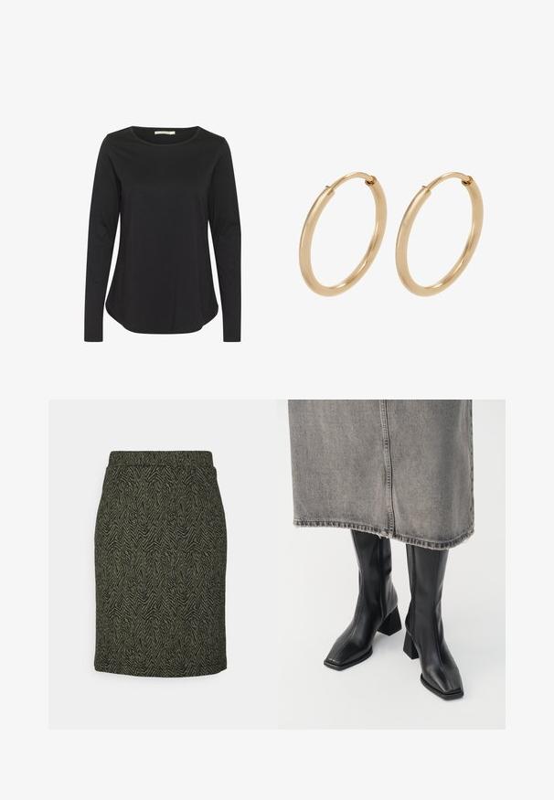 Camisa negra de manga larga con cuello redondo. Hecha de una tela suave y lisa; presenta un ajuste relajado y un dobladillo curvado.; Saint Tropez SHILASZ SKIRT - Falda de tubo - army green; Botas negras hasta la rodilla de cuero liso con punta cuadrada y tacón cuadrado. Llevadas con una falda de mezclilla gris con dobladillo desflecado.; Pendientes de aro de oro con un acabado suave y pulido. Forma redondeada, tamaño mediano, con un mecanismo de cierre seguro.