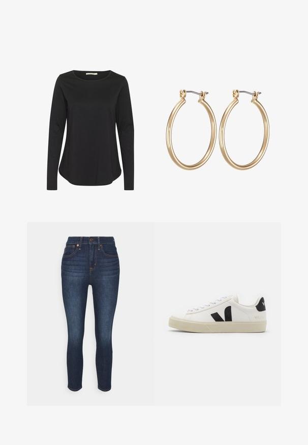 Sort langærmet skjorte med rund halsudskæring. Fremstillet af blødt, glat stof; har en afslappet pasform og buet kant.; GAP Petite Jeans Skinny Fit - dark wash; Hvide lædersneakers med sort gummiv V-logo. Tekstureret off-white sål, hvide snørebånd og bagside med brandnavn i sort.; Guldfarvede metal hoops øreringe med et glat, cirkulært design og en sikret hængsel-lukning. Letvægts med en poleret overflade.