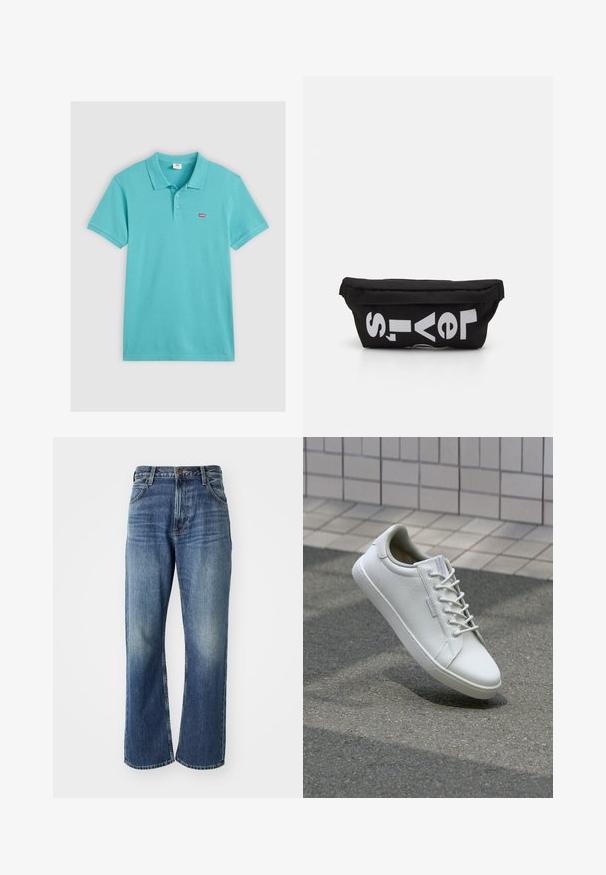 T-shirt polo turquoise en coton, avec un col, trois boutons et un petit logo Levi's rouge sur la poitrine.; Jeans en denim bleu à jambes larges avec un lavage décoloré, cinq poches et une fermeture à bouton en métal. Couture distinctive le long des coutures.; Baskets blanches en cuir texturé, avec un système de laçage à l'avant, une semelle en caoutchouc robuste et un design minimaliste avec un embout renforcé.; Sac en tissu noir de forme plate, avec un texte blanc en gras. La fermeture éclair est située en haut, avec un détail en boucle sur un côté.
